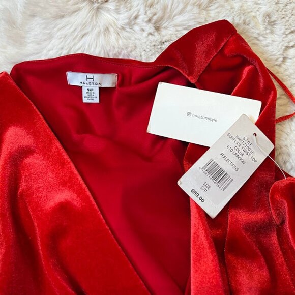 🎩🗝️ NWT $69 Red Women H Halston Surplice Twist Top Crimson S/P - Picture 5 of 5